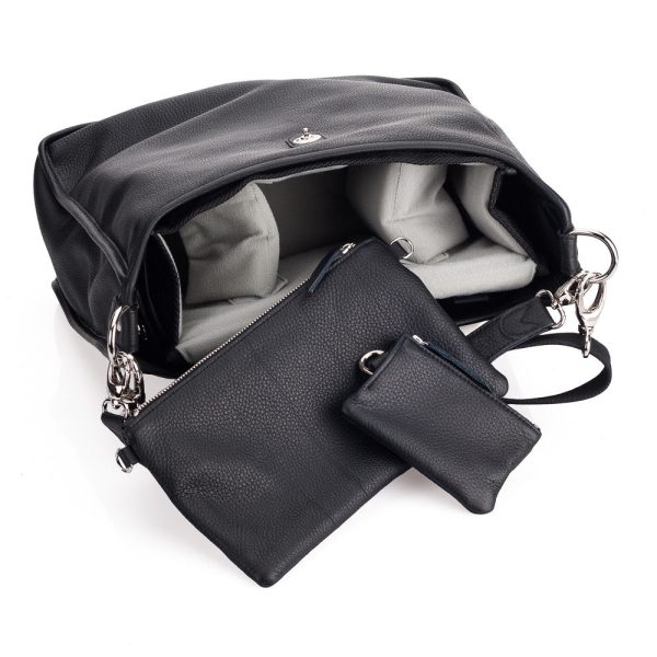 Oberwerth Kate Camera Business Bag, Black Leather with Silver Buckles, Clutch and Keywallet For Cheap